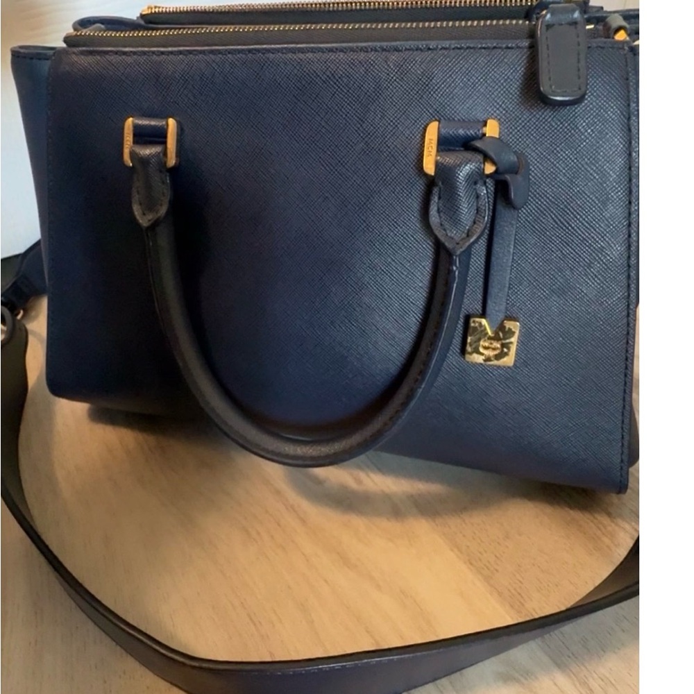 MCM Navy Blue Leather Satchel w/ Strap & Gold Hardware - Picture 5 of 12